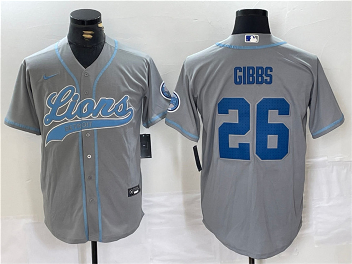 Men's Grey Detroit Lions #26 Jahmyr Gibbs Cool Base Stitched Baseball Jersey